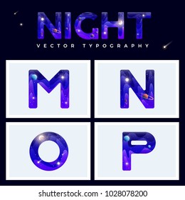 Colorful space letters alphabet with stars, planets, comets and asteroids. Vector illustration. EPS 10