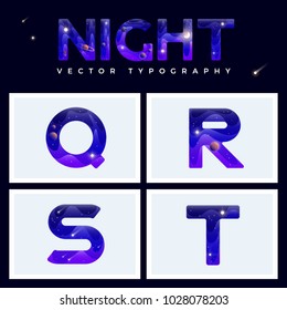 Colorful space letters alphabet with stars, planets, comets and asteroids. Vector illustration. EPS 10