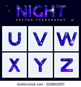 Colorful space letters alphabet with stars, planets, comets and asteroids. Vector illustration. EPS 10