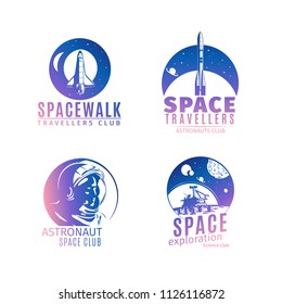 Colorful space logo set in retro style. Vintage astronautics labels and badges with astronaut, space rocket and helmet isolated on white background, vector illustration