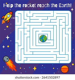 Colorful space maze game for kids. Help the rocket find its way through the maze to reach planet Earth. Educational and fun printable activity for children.