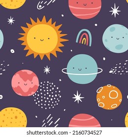 Colorful space pattern with cute planets with the smiling faces. Scandinavian seamless cosmic vector print for kids.
