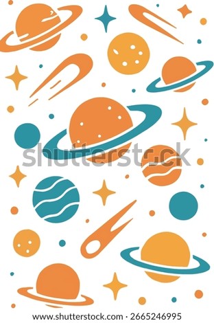 Colorful Space Pattern – Planets, Stars, and Comets in Retro Style