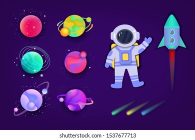 Colorful space planet set with cartoon astronaut and rocket isolated on dark background - futuristic glowign planets with fluid shapes and shooting star meteors - vector illustration.