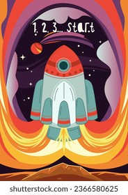 Colorful space poster. Colorful cosmic banner with launching rocket or spacecraft into outer space with planets, stars, comets and asteroids. Exploration of galaxy. Cartoon flat vector illustration