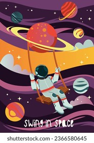 Colorful space poster. Futuristic banner with astronaut in spacesuit, planet, night starry sky and swing. Journey through galaxy or universe. Design element for print. Cartoon flat vector illustration