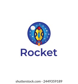 Colorful Space Rocket Launching Take Off Rocket with moon and stars Jet Plane Space modern logo wordmark monogram design