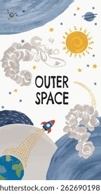 Cena espacial colorida com foguete e planetas.