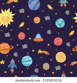 Colorful space seamless pattern with planets, comets and rockets flat vector illustration. Night sky hand drawn doodle astronomical background or endless texture.