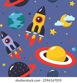 Colorful Space Seamless Pattern with Rockets and Planets. For kids, space lovers, and futuristic-themed projects.