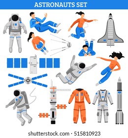 Colorful space set with astronauts satellite suits craft spaceship and rocket in flat style isolated vector illustration