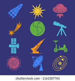 Colorful space silhouette icons set in flat style