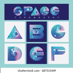 Colorful space typography letters collection with stars, planets and asteroids