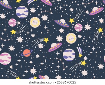 COLORFUL SPACE AND UFO REPEAT PATTERN. GALAXY, DREAM, UNIVERSE, SPACE TRIP, AND STARS. GALAXY AND SPACE SEAMLESS PRINT IN VECTOR FILE