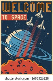 Colorful space vintage template with flying spaceships Saturn and Mars planets vector illustration