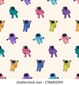 Colorful spacemen vector seamless pattern with light background