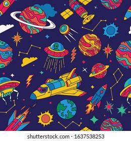 Colorful Spaceship in Galaxy seamless pattern. Background wallpaper