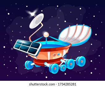 Colorful spaceship or satellite in space. Concept of space icon for computer game. Space elements. Galaxy theme. Satellite with digital plates among bright stars. Vector illustration in cartoon style