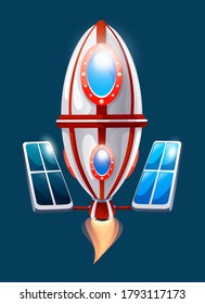 Colorful spaceship or satellite in space. Concept of space icon for computer game. Space elements. Galaxy theme. Satellite with a digital plates and fire. Vector illustration in cartoon style