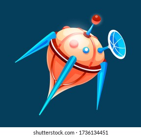 Colorful spaceship in space at dark background. Concept of space icon for computer game. Space elements. Satellite with a digital plate and antenna. Vector illustration in cartoon style. Space theme