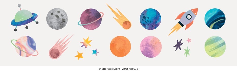 Colorful space-themed illustrations featuring planets, stars, comets, and a rocket. Vibrant planets and stars create a whimsical space scene. Vector illustration element set.