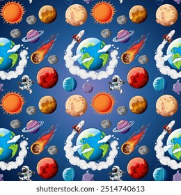 Colorful space-themed vector illustration with planets and rockets