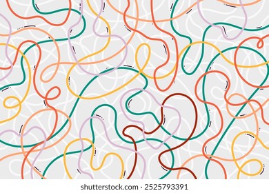 Bunte Spaghetti und Ramen-Design einzeln auf weißem Hintergrund.Abstrakter Nudelhintergrund mit wellenförmigen Linien. Verspielte geometrische Kunst.