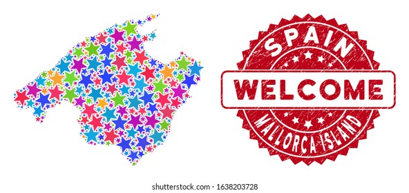 Colorful Spain Mallorca Island map mosaic of stars, and distress round red WELCOME seal. Abstract geographic plan in bright color hues. Vector Spain Mallorca Island map is designed of color stars.