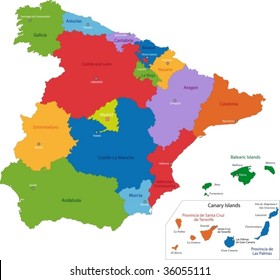 Colorful Spain map with regions and main cities