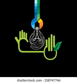 colorful spanner connecting with bulb and hand 