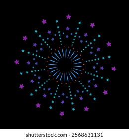 Colorful spark explosion with radiant light burst. Firework inspired flare outbreak showing shining sunrays. Abstract sunburst graphic on black background