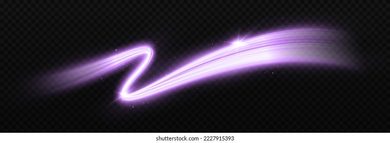 Colorful sparkle lines on transparent background. Purple curve wave with shiny effect. Luxury dynamic motion lines effect. Red sparkling light trail.