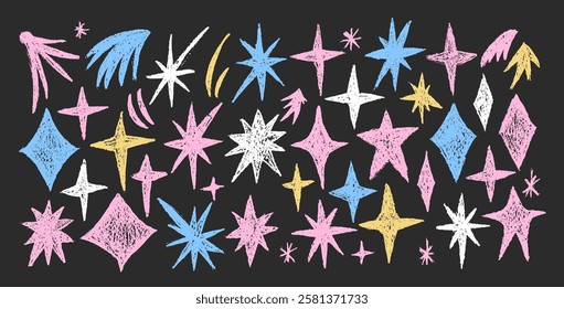 Colorful sparkles stars doodle set. Crayon blings pack on chalkboard. Comets and blinking on night sky by chalk. Vector handdrawn by pencil illustration isolated on black background.