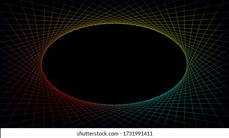 colorful sparkling circle frame lines on dark black, background light line circle shape for banner and copy space, abstract color glowing spiral art line for background, copy space, vector