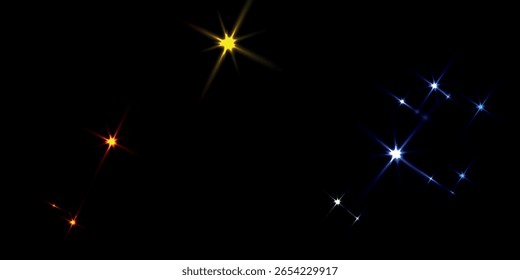 Luzes brilhantes coloridas da estrela no fundo escuro do gradiente com brilho azul, amarelo e vermelho, perfeito para festivo, mágico ou cósmico, desenhos temáticos e fundos.
