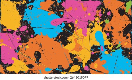 A pintura colorida com manchas decora a superfície preta criando uma ilustração de design vibrante abstrata