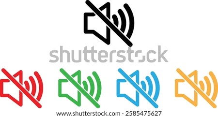 colorful speaker off icon set in different colors . Volume mute icon. Sound off icon . Vector illustration