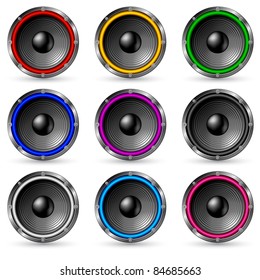 Colorful speakers set isolated on white background.