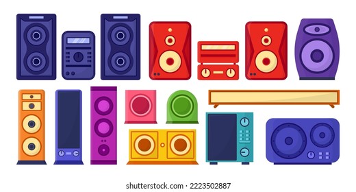 Colorful speakers for stereo system vector illustrations set. Cartoon drawings of modern equipment for sound system or music center isolated on white background. Music, technology concept