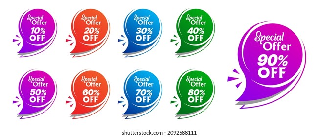 Colorful special offer discount sticker set vector, Discount price label, 10, 20, 30, 40, 50, 60, 70, 80, 90 percent sale label symbols