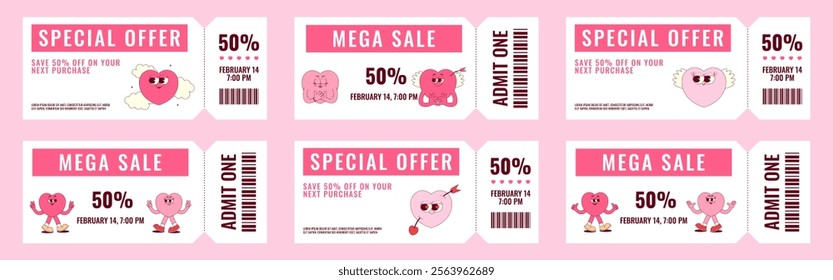 Colorful special offer and mega sale coupon set. Cute heart character in retro groovy style. Offer details, barcode and other information. Horizontal vector illustration, banner