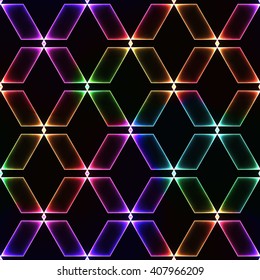 Colorful spectrum dark seamless background with shinning glass diamonds / gems / stones / crystals in regular grid