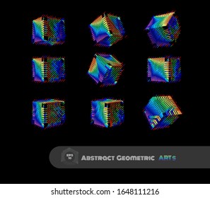 Colorful spectrum rainbow abstract geometric cube with sci fi technology greeble pattern texture various views isolated on black background