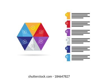 Colorful spectrum rainbow geometric triangular six sided presentation infographic diagram chart vector graphic template with explanatory text field isolated on white background