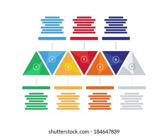 Colorful spectrum rainbow geometric triangular seven sided presentation infographic diagram chart vector graphic template with explanatory text field isolated on white background