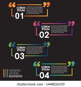 Colorful speech banners for quote box frame set on black background.Texting boxes.Template Info design boxes quotation bubble blog symbols.Creative vector banner illustration.