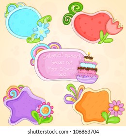 Colorful speech boxes set on different themes