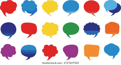 Coleção de bolhas de fala coloridas, nuvens de conversas cômicas, ícones de mensagens, balões de diálogo, símbolos de bate-papo, elementos de comunicação para design gráfico, ilustração vetorial