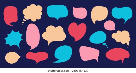 Colorful Speech bubble Collection. Cute Message clouds set. Hand drawn communication icon. Kids Playful Chatting bubbles. Cute Thinking idea Balloon. Vector illustration