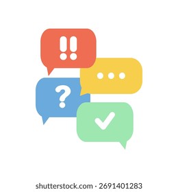 Colorida burbuja de discurso con diferentes pensamientos y opiniones. Comunicación, mensaje, conversación, idea, resolución de problemas, solución, conceptos de Comentarios. Ilustración aislada de diseño de Vector plano.
